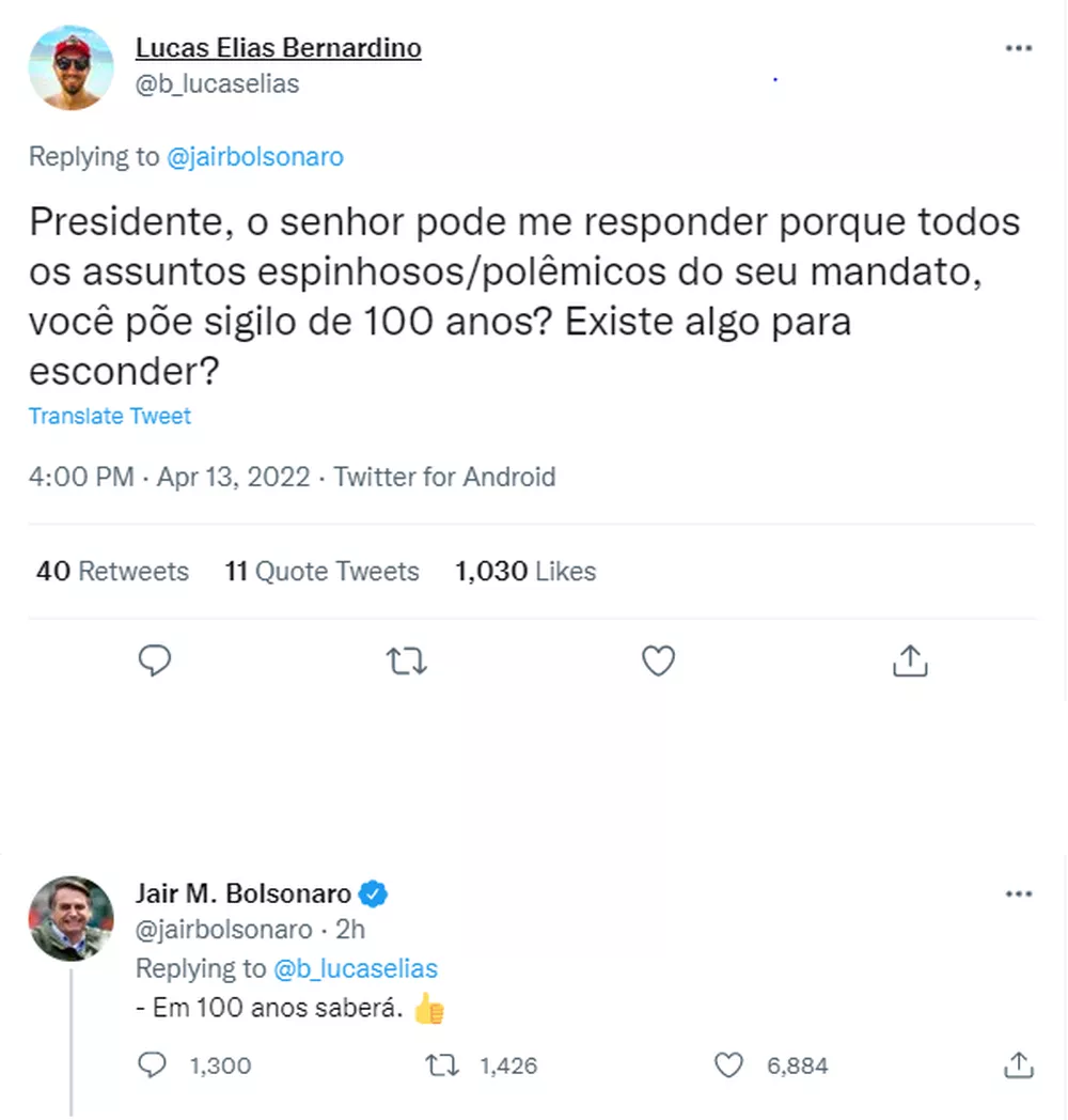 ‘Em 100 anos saberá’, responde Bolsonaro sobre motivo de sigilo para ‘assuntos polêmicos’ ‘Em 100 anos saberá’, responde Bolsonaro sobre motivo de sigilo para ‘assuntos polêmicos’